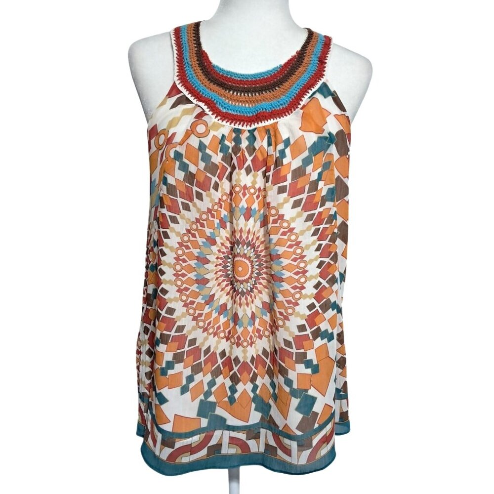 NY Collection Sleeveless Blouse Women Medium Multicolor Geometric Crochet Boho